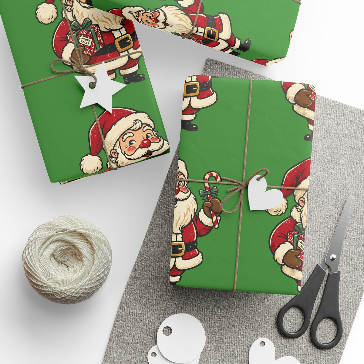 Santa Pattern Wrapping Paper — Retro Green Christmas Gift Wrap