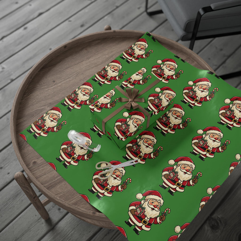 Santa Pattern Wrapping Paper — Retro Green Christmas Gift Wrap