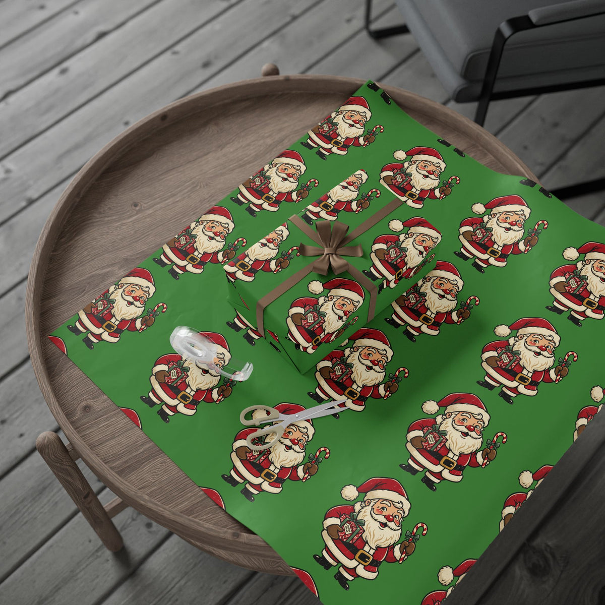 Santa Pattern Wrapping Paper — Retro Green Christmas Gift Wrap