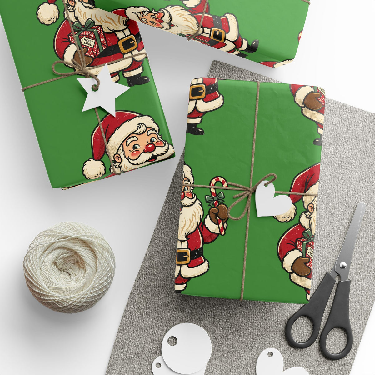 Santa Pattern Wrapping Paper — Retro Green Christmas Gift Wrap
